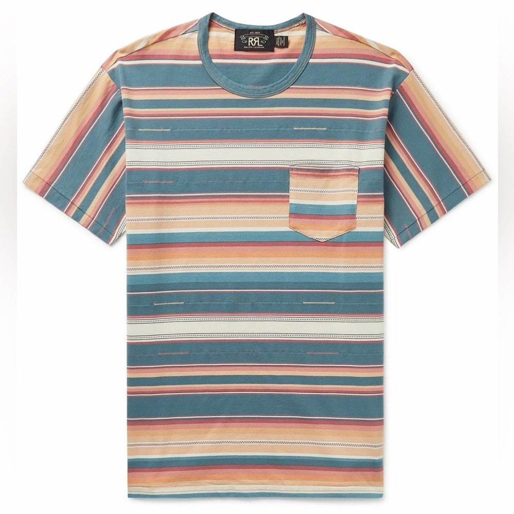 RRL Serape Striped Jersey Cotton Pocket Shirt Sunrise Orange Blue Multi Aztec XL